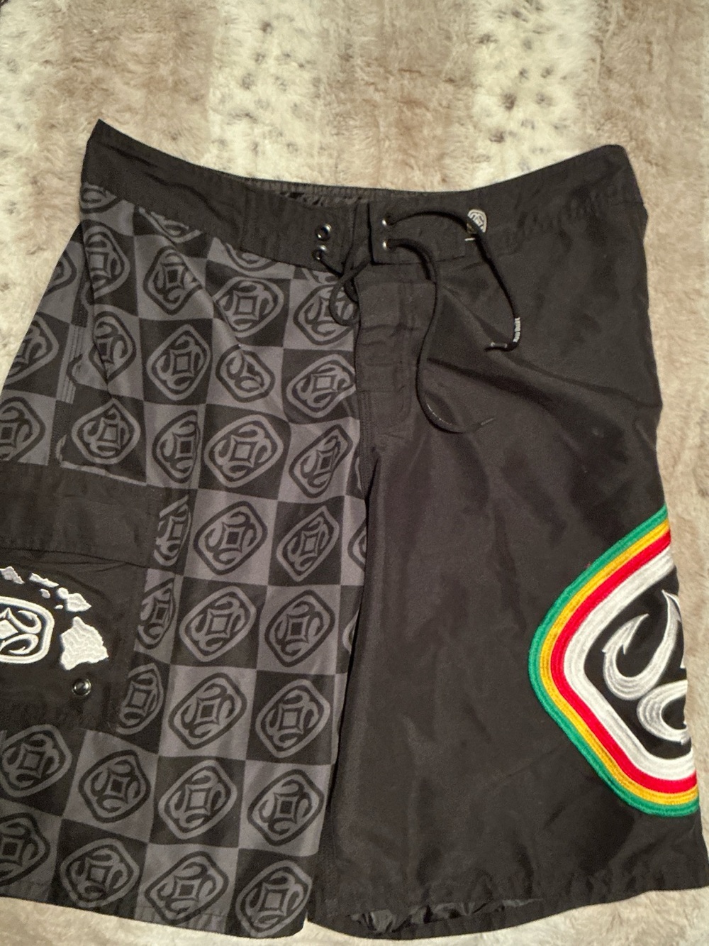 Men's Black Patterned Swim Board Shorts with Rainbow Accent